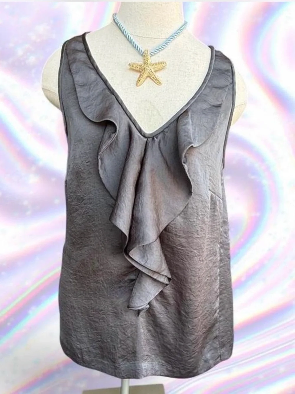 Michael Kors Gray Satin Ruffle V-Neck Camisole